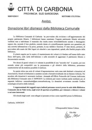 Carbonia: donazione libri dismessi dalla Biblioteca Comunale